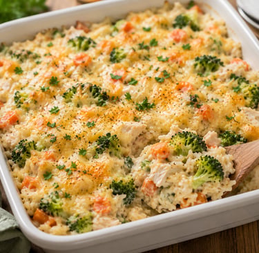 Cheesy chicken and rice casserole with broccoli and carrots in a white baking dish.