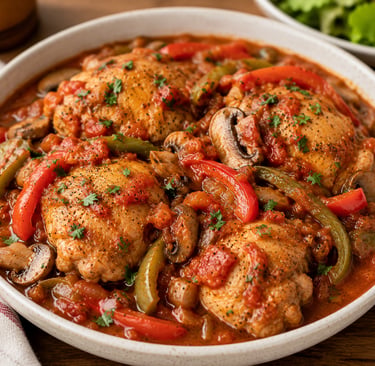 Homemade chicken cacciatore with bell peppers, mushrooms, and tomato sauce in a white bowl.