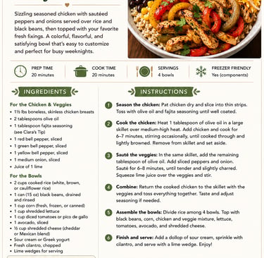 Recipe card for a healthy Chicken Fajita Bowl featuring a photo of seasoned chicken, peppers, avocado, and rice.