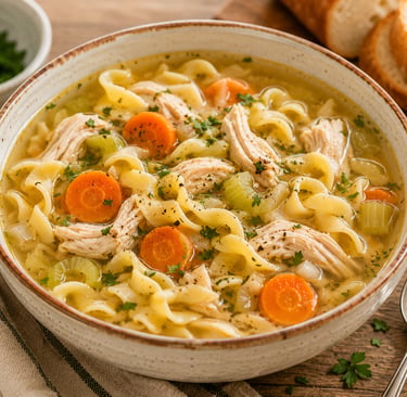 Homemade chicken noodle soup with vegetables in a bowl.