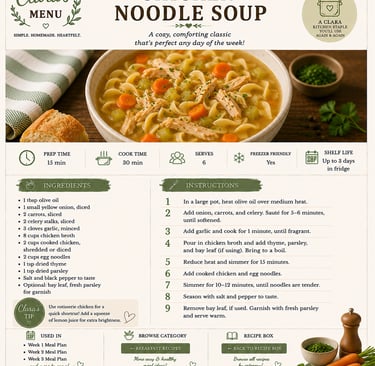 A detailed chicken noodle soup recipe card featuring a bowl of soup, ingredients list, and cooking instructions.