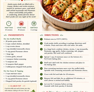Chicken Parmesan stuffed shells recipe with ingredients and step-by-step baking instructions.