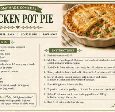 Recipe for homemade chicken pot pie with a golden crust, list of ingredients, and cooking instructions.