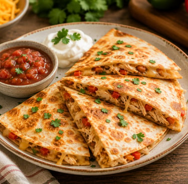 Golden chicken quesadilla sliced into wedges with salsa.
