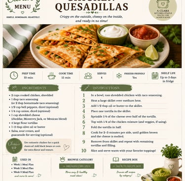 Recipe card for crispy chicken quesadillas with ingredients and step-by-step cooking instructions.