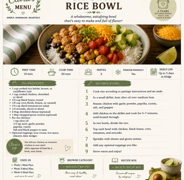 A detailed recipe card for a healthy chicken rice bowl featuring ingredients, cooking instructions, and nutrition tips.
