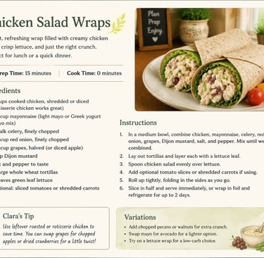 Healthy chicken salad wraps recipe page with ingredients list, instructions, and fresh tortillas.