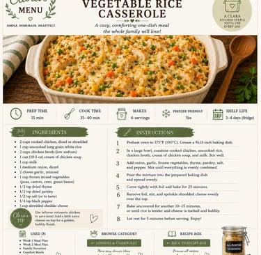 Chicken and vegetable rice casserole recipe card with ingredients and instructions for a homemade family dinner.