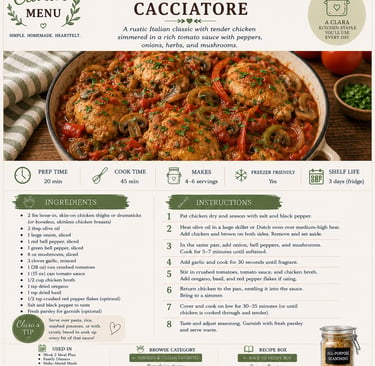 A detailed recipe card for Chicken Cacciatore featuring a skillet of simmered chicken, peppers, and mushrooms.