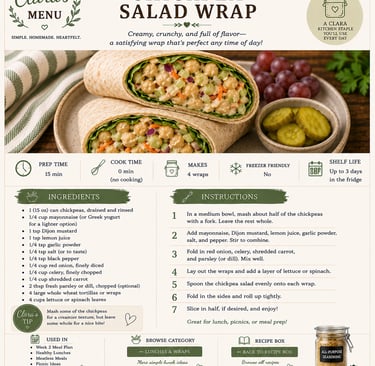 A recipe infographic for a healthy chickpea salad wrap with ingredients, instructions, and preparation tips.
