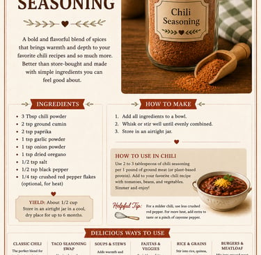 Recipe infographic for homemade chili seasoning featuring a list of spices, how to make instructions, and serving ideas.