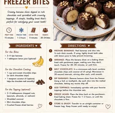 Chocolate Banana Freezer Bites recipe card featuring a photo of chocolate-dipped banana slices with nuts.