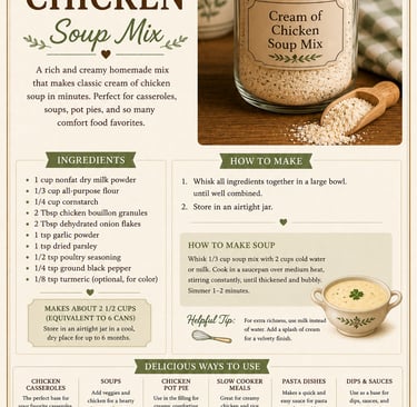 Recipe card for homemade cream of chicken soup mix with ingredients, instructions, and serving suggestions.