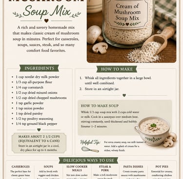 Recipe infographic for homemade cream of mushroom soup mix with ingredients list and instructions.