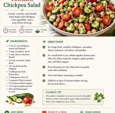 Recipe card for a Mediterranean cucumber tomato chickpea salad with fresh herbs and lemon dressing.