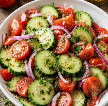 Fresh cucumber tomato salad with red onions and herb vinaigrette dressing in a white bowl.