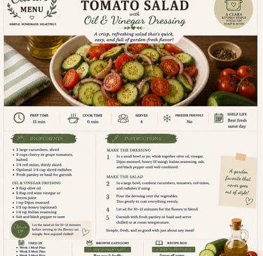 Recipe card for cucumber and tomato salad with oil and vinegar dressing featuring a bowl of sliced vegetables.