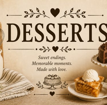 Vintage dessert recipe category header with homemade baked treats in a warm farmhouse kitchen settin