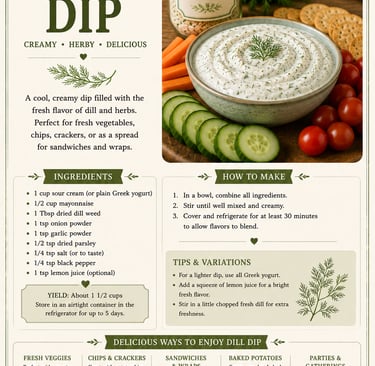 Recipe card for homemade creamy dill dip with a bowl of herbed dip, fresh vegetables, and crackers.