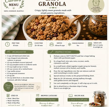 Recipe card for easy homemade granola featuring simple pantry ingredients, instructions, and a bowl of crispy clusters.