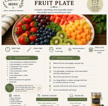Fresh fruit plate recipe infographic with strawberries, blueberries, kiwi, and melon cubes.