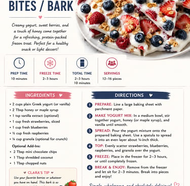 Recipe card for Yogurt Berry Bites showing frozen Greek yogurt bark topped with fresh strawberries, blueberries, and granola.