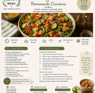 Recipe card for Garden Side Salad with homemade croutons including ingredients list and cooking instructions.