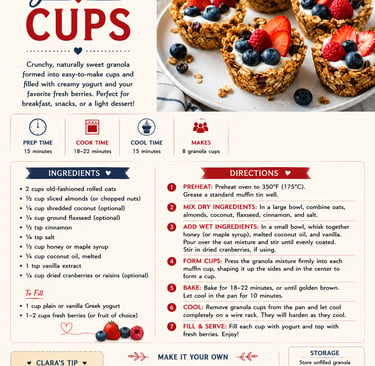 Recipe card for healthy granola cups filled with Greek yogurt and fresh berries, including ingredients and baking