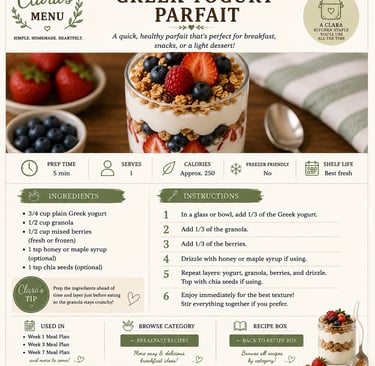 A Greek yogurt parfait recipe infographic featuring layers of berries, granola, and yogurt in a glass.