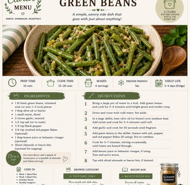 A recipe card for Clara's Green Beans featuring sautéed green beans in a bowl with ingredients and cooking instructions.