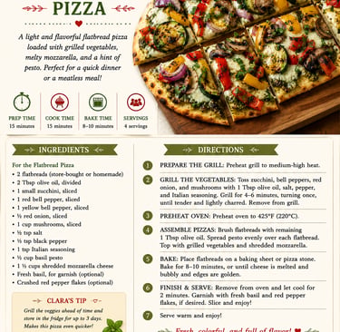 Recipe card for grilled vegetable flatbread pizza with pesto, zucchini, and melted mozzarella cheese.