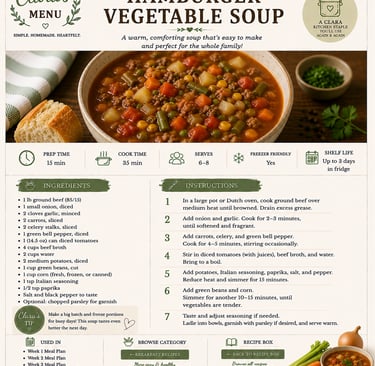 A detailed recipe card for homemade hamburger vegetable soup with ingredients and cooking instructions.