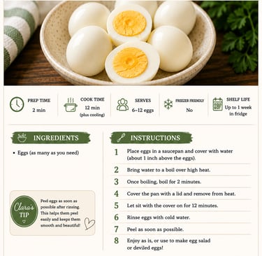 A recipe card for hard boiled eggs featuring a bowl of sliced eggs with yellow yolks and clear instructions.