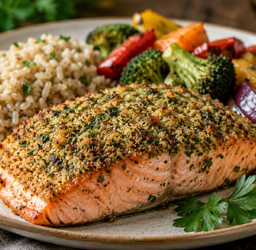 Herb-crusted baked salmon fillet served with brown rice and roasted vegetables on a plate.