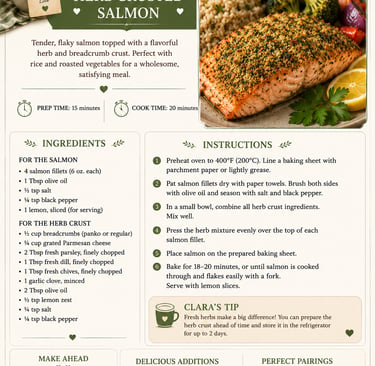 A detailed recipe card for herb crusted salmon featuring a photo of baked fish with roasted vegetables.