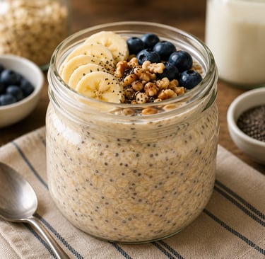 A glass jar of healthy overnight oats topped with fresh banana slices, blueberries, walnuts, and chia seeds.