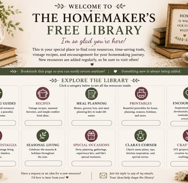 The Homemaker's Free Library website page featuring categories for vintage recipes, meal planning, and home organization