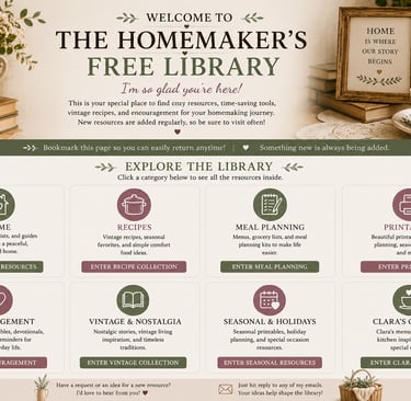 The Homemaker's Free Library website featuring vintage resources for home organization, meal planning, and recipes.