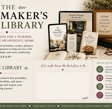 A collection of homemaking printables, recipe books, and digital planners for a cozy home library.