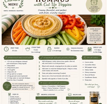 Recipe card for homemade hummus with cut up veggies including ingredients, instructions, and serving tips.