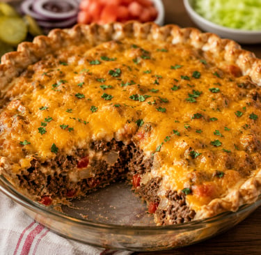 Freshly baked cheeseburger pie with a golden crust and melted cheddar cheese topping.