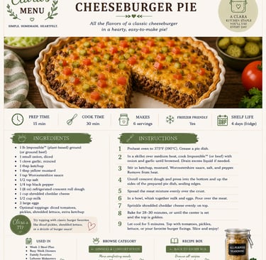Impossible Cheeseburger Pie recipe card with ingredients list and a photo of a baked ground meat pie topped with cheddar