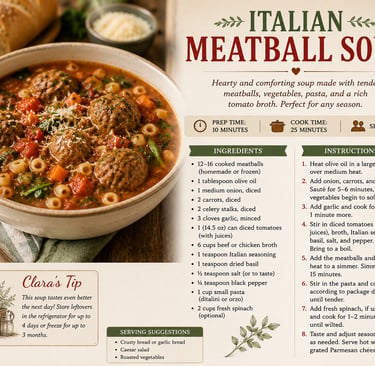 A bowl of hearty Italian meatball soup with pasta and vegetables next to a detailed recipe card.