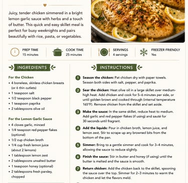 Lemon Garlic Chicken recipe infographic with detailed ingredients, step-by-step cooking instructions, and food photography.