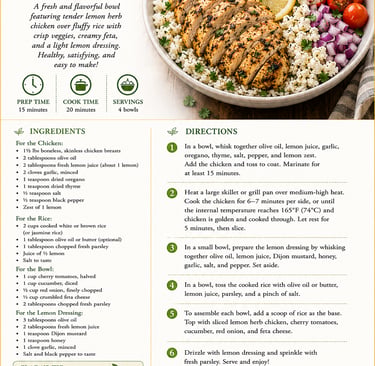 Lemon herb chicken rice bowl recipe infographic with ingredients, instructions, and healthy meal prep tips.