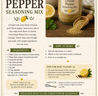 Homemade lemon pepper seasoning recipe infographic with ingredients, instructions, and food pairing ideas.