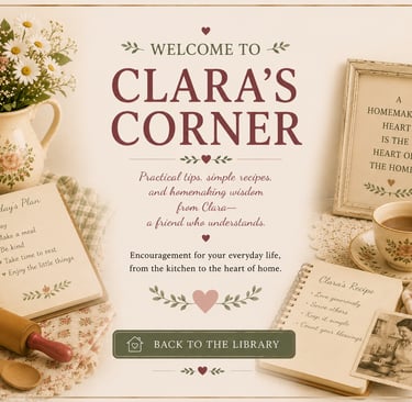 Vintage homemaking aesthetic blog header for Clara's Corner featuring a rolling pin, tea cup, and floral decor.