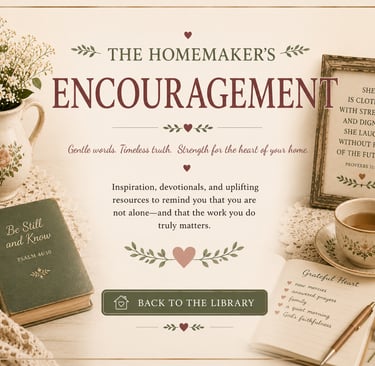The Homemaker's Encouragement graphic featuring a Bible, tea, and floral decor with uplifting Christian quotes.