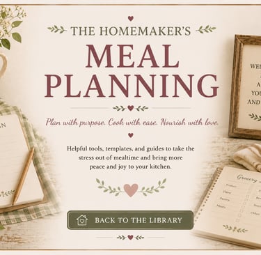 Vintage aesthetic homemaker's meal planning guide with grocery list, notebook, and kitchen decor.