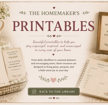 Vintage-style homemaker printables featuring daily planners, scripture cards, and weekly checklists on a cottagecore desk.